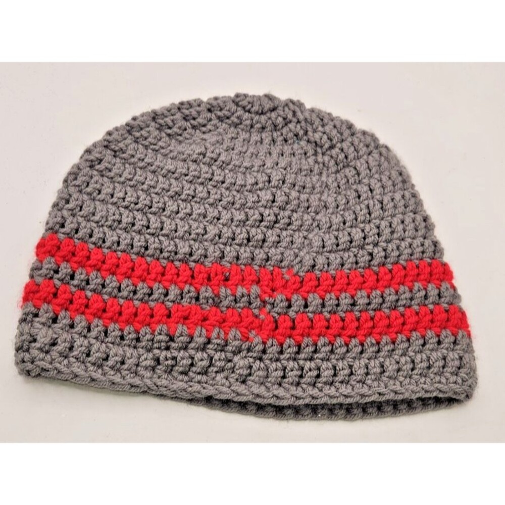 Handmade Crochet Beanie hat Knit Winter cap Unisex grey red stocking